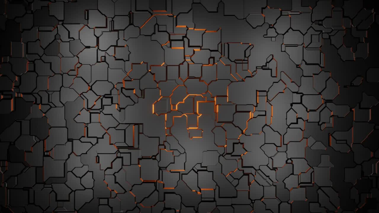 animación de video en 4k de una pared abstracta de ciencia ficción con hermosas grietas que forman un efecto de patrón circular naranja.