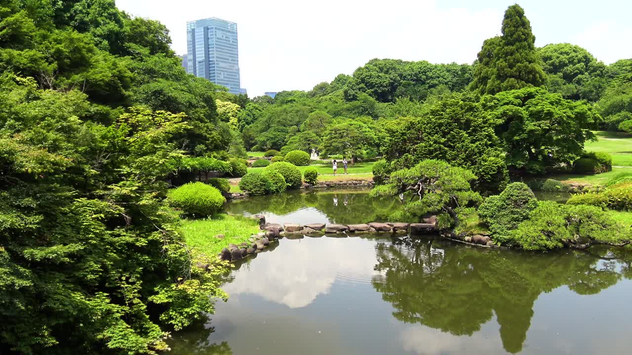 la vista del lago con los pueblos y el reflejo de los árboles en el jardín nacional shinjuku gyoen