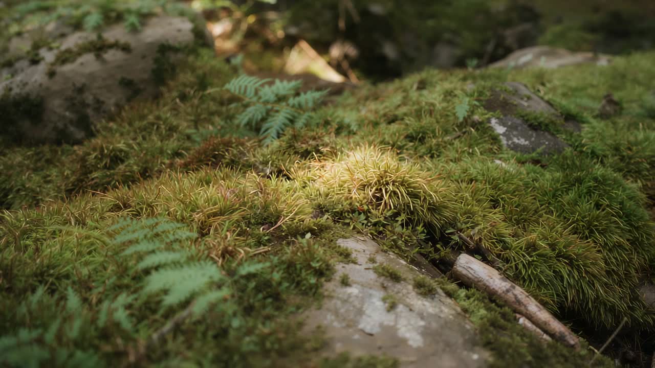 Spostamento della camera per rivelare il letto di roccia coperto di muschio in un bosco ombreggiato, esponendo le fronde di felce e le pietre