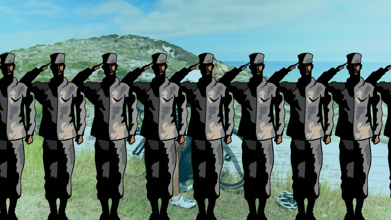 백인 여성 자전거 타는 위에 군인 아이콘의 애니메이션