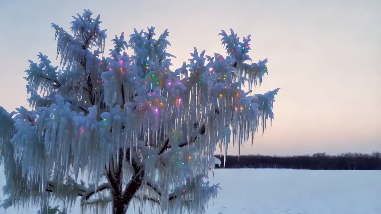 hielo en un árbol con luces de navidad al atardecer