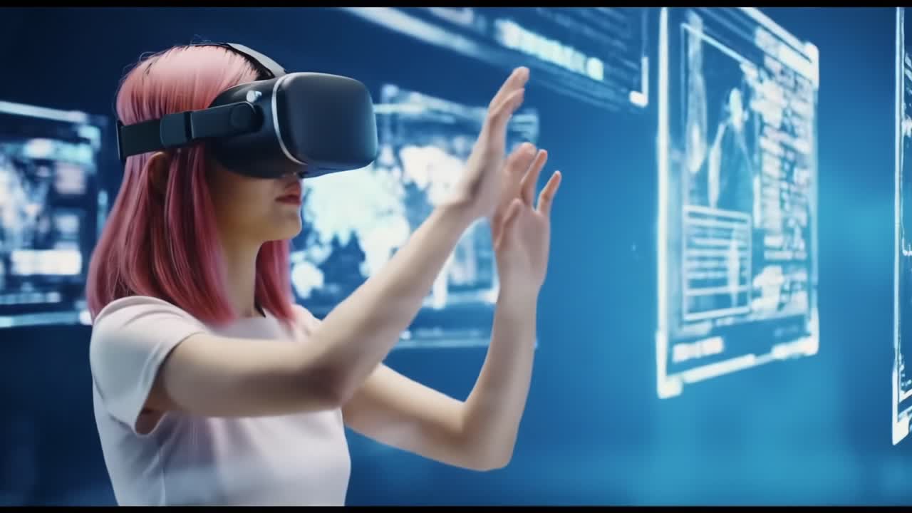 Exploring Virtual Reality: A Young Woman Engages with Interactive Digital Displays While Wearing a VR Headset, Immersed in Cutting-Edge Technology and Innovation