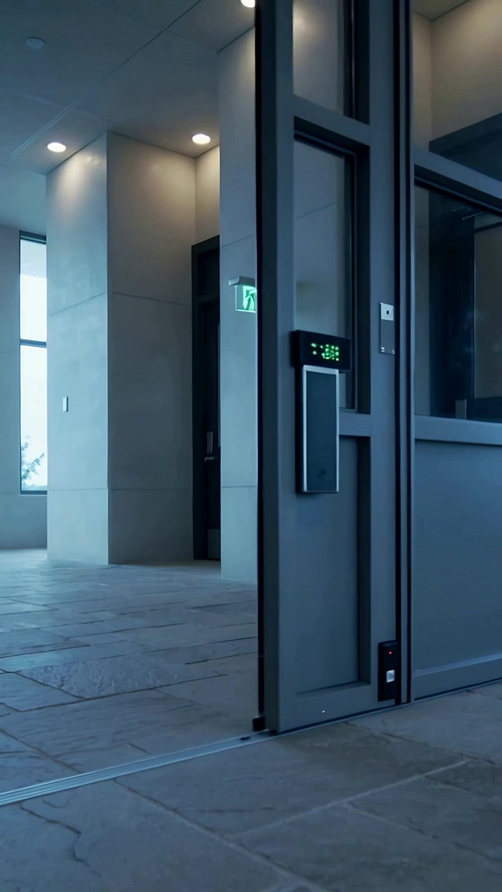 Vídeo vertical: Porta de vidro e metal deslizante abrindo com sinal de leitor de cartão, revelando o saguão, com espaço para texto.