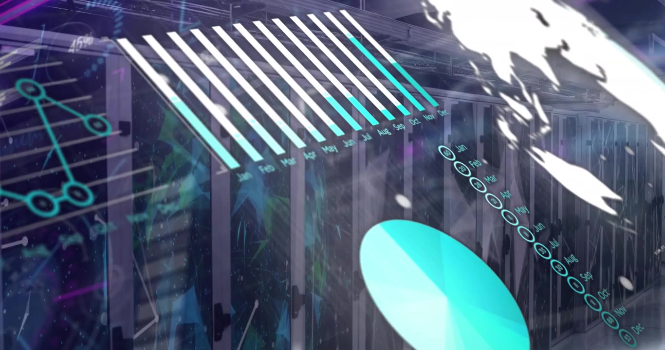 An animation of data processing and statistics over a transparent background