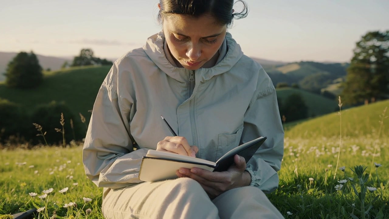 Apertura di un quaderno, donna in giacca a vento seduta su una collina erbosa che scrive un diario con una penna.