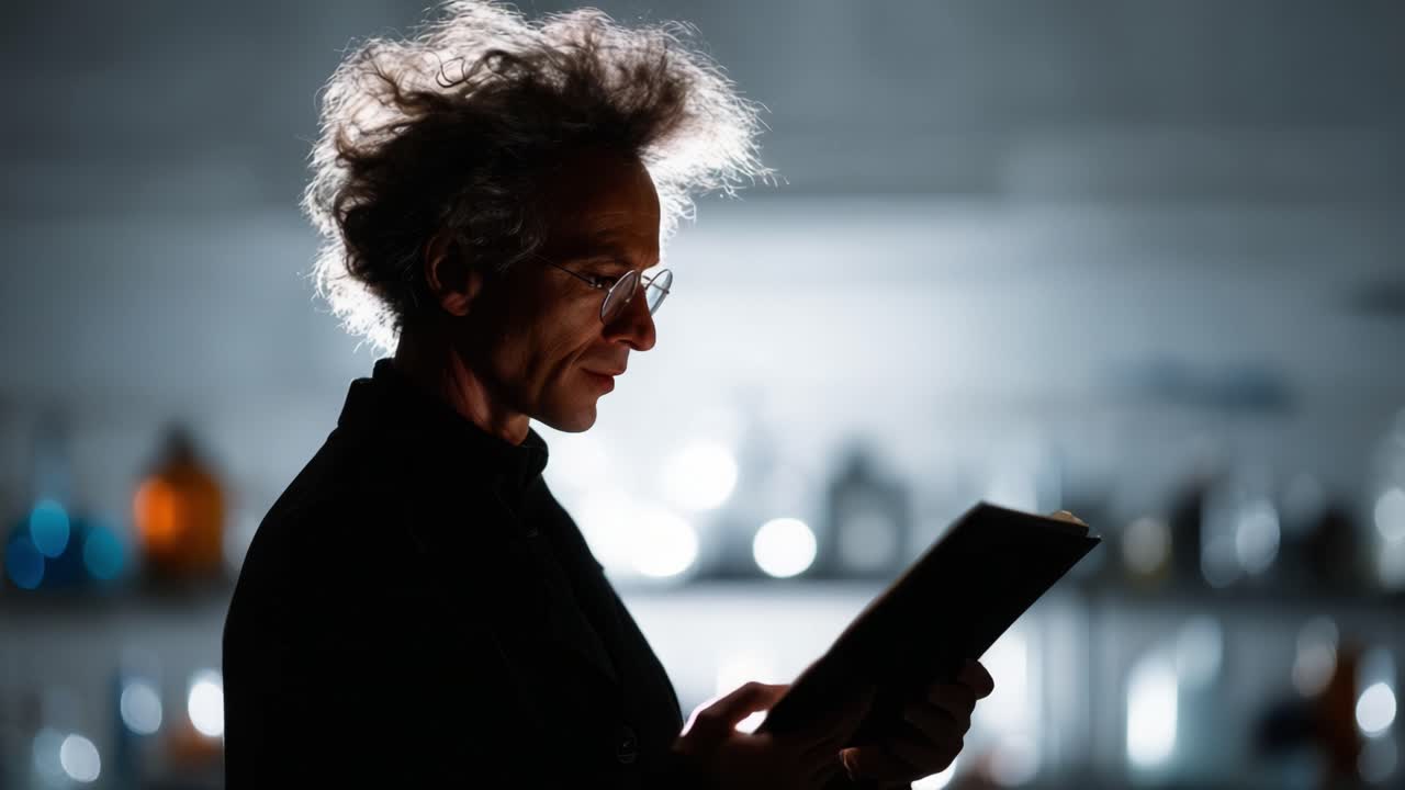 A thoughtful figure contemplates a book under gentle lighting, shadowing his features and emphasizing the atmosphere of study in a lab-like environment