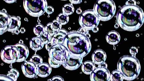 translucent soap bubbles gently ascending, creating iridescent spheres floating gracefully against deep black background with mesmerizing light reflections and delicate motion