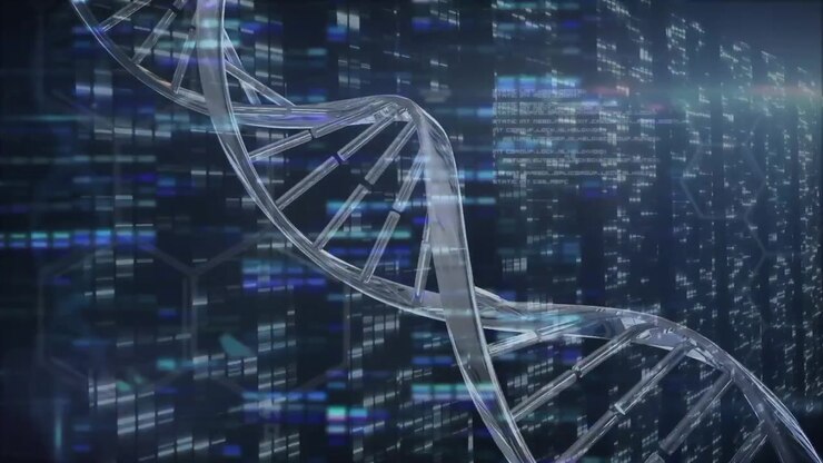 On start double helix rotating clockwise while data grid scrolling and pulsing visualizing genetics