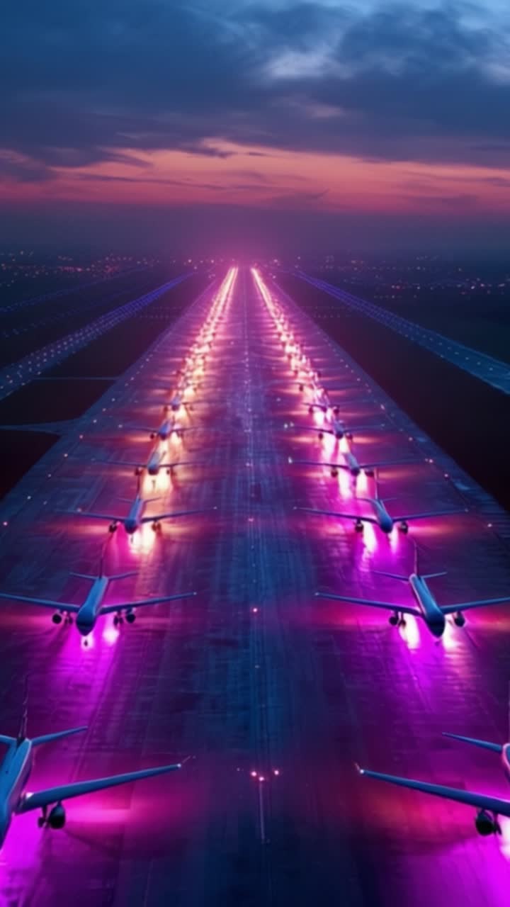 Vibrante vista aérea de aeronaves iluminadas alineadas en una pista al anochecer, mostrando una hipnotizante exhibición de luces coloridas en la pista, listas para el despegue