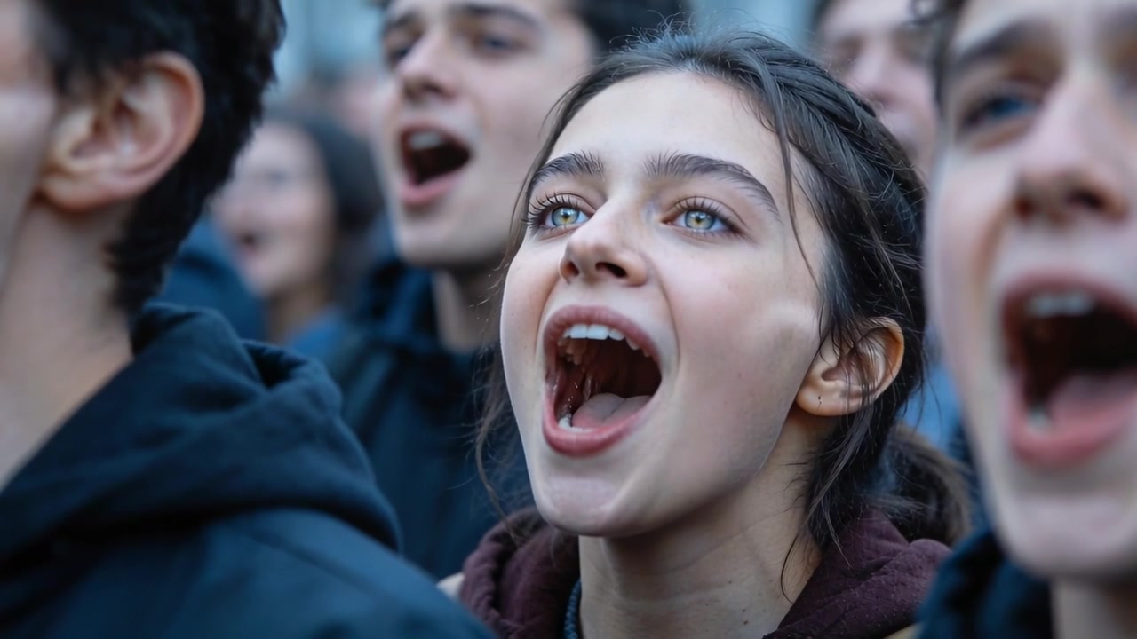 Reacting to overhead cue, main person wearing maroon hoodie shouting with crowd at plaza, straps