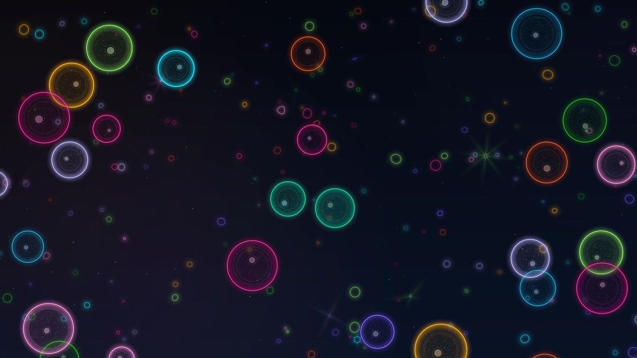Fusione e divisione dinamica di cellule astratte luminose con particelle fluttuanti, animazione in loop di vivaci cerchi al neon su uno sfondo scuro.