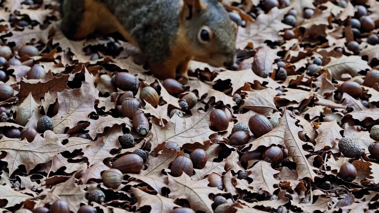 Close-up video shot from above captures acorns scattered among dry autumn leaves