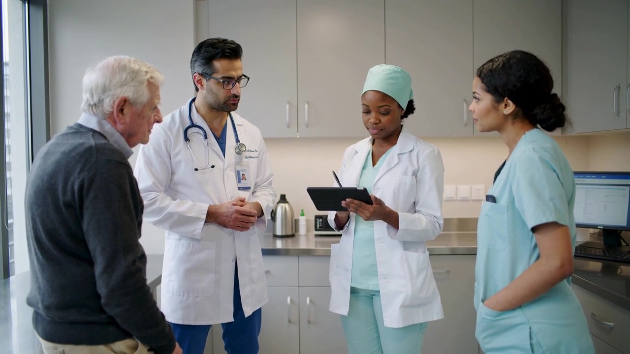 Raising tablet clinician reading notes aloud at clinic, staff in coats and scrubs reviewing results