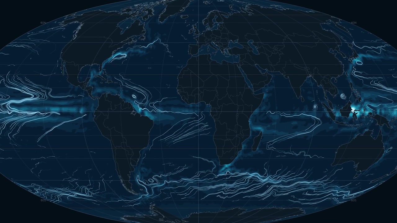 World map vividly with animated ocean current dynamics, highlighting Earth's interconnected marine systems for scientific understanding