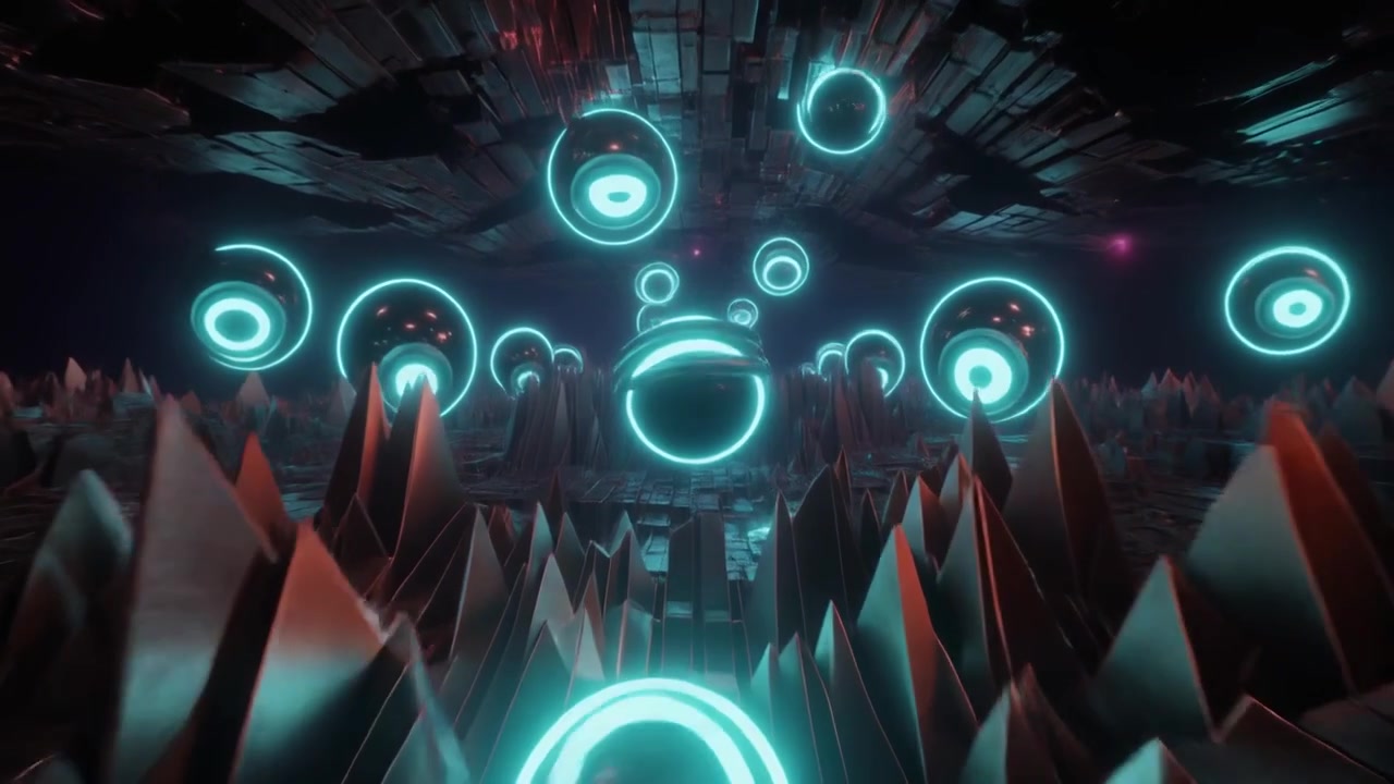 Abstract 3D Animation of Glowing Neon Spheres Floating Over Dark Geometric Terrain