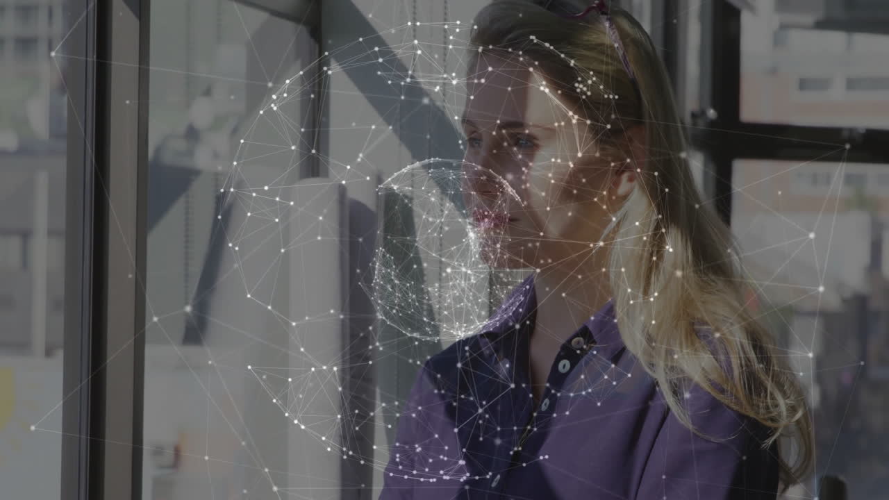 Thinking by window, woman viewing digital network animation on tablet screen