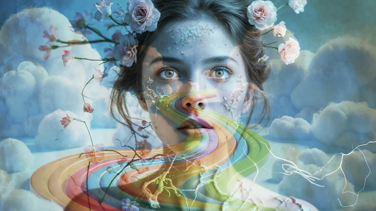 Ritratto surreale di una donna con fiori e scia arcobaleno