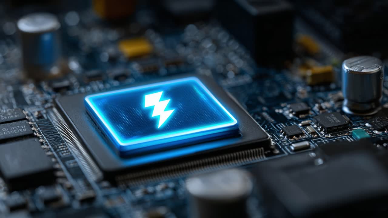 High-Resolution Close-Up of a Glowing Microprocessor on a Circuit Board, Showcasing Advanced Technology and Electric Power Dynamics in Modern Computing