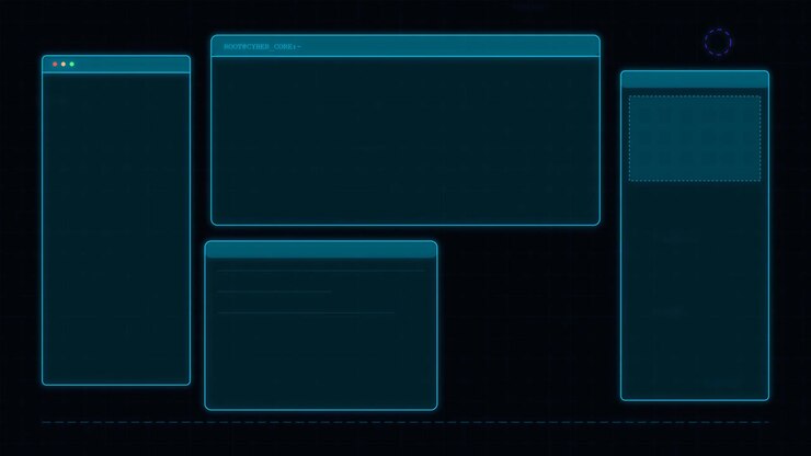 Interfaccia Digitale con Finestre Blu Luminose ed Elementi di Dati