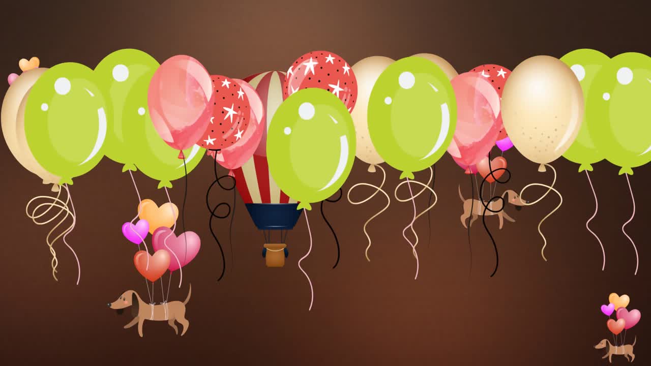 animación de globos coloridos y perros voladores sobre un globo de aire caliente