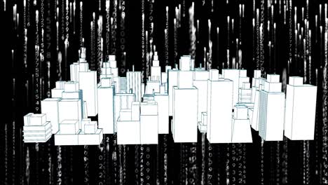 animación del procesamiento de datos sobre el dibujo del paisaje urbano en 3d