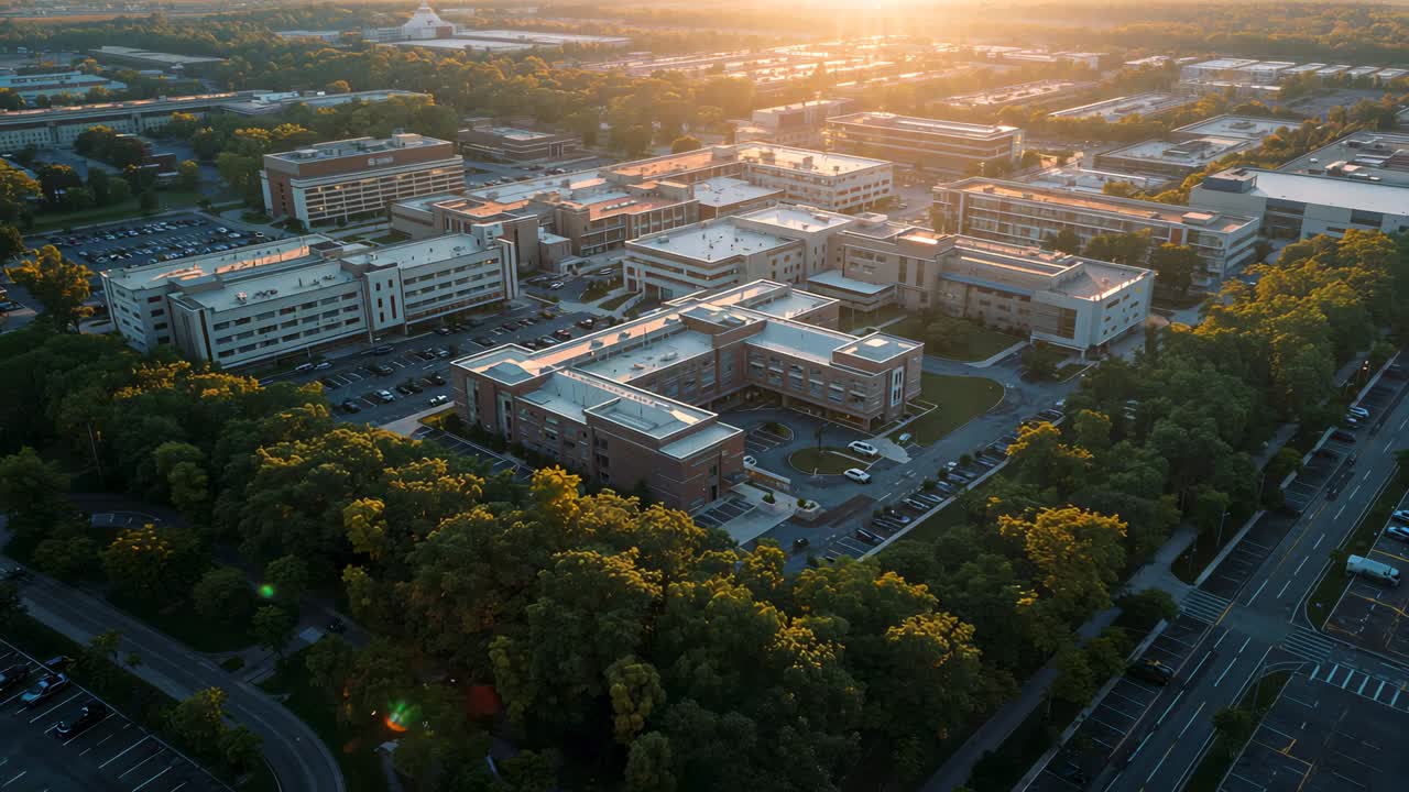 Gliding drone moving forward and lowering over campus with flare, revealing rooftop units and cars