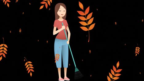 Animation-of-leaves-over-woman-holding-broom