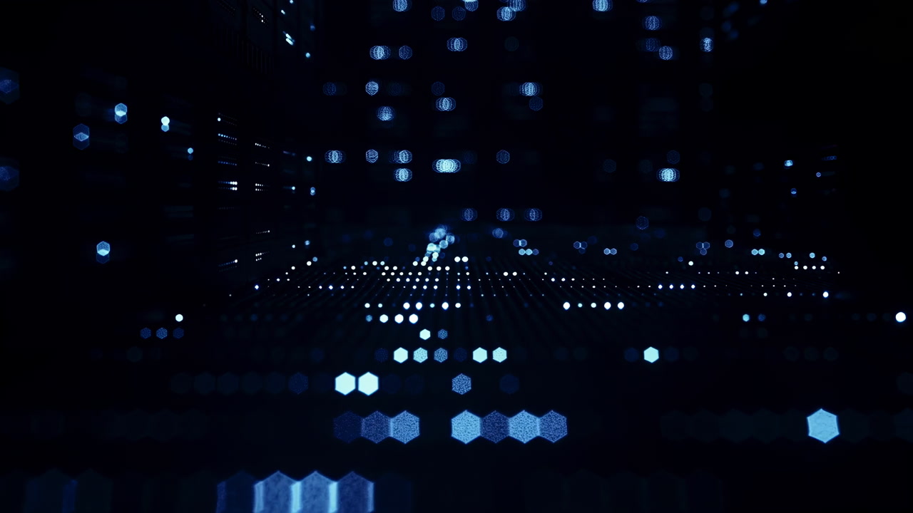 Dark Data Grid Depth Bokeh Slow Drifting Hexagonal Lights And Floating Points Forming Citylike Matrix