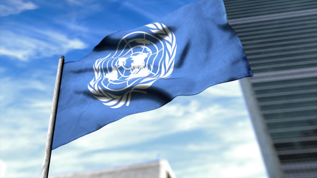 animación cgi 3d de la bandera de las naciones unidas volando en la sede de la onu en nueva york