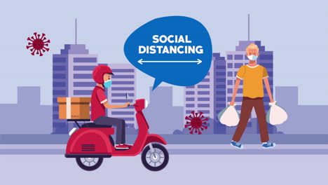campaña de distanciamiento social con mensajero motociclista y cliente masculino del supermercado
