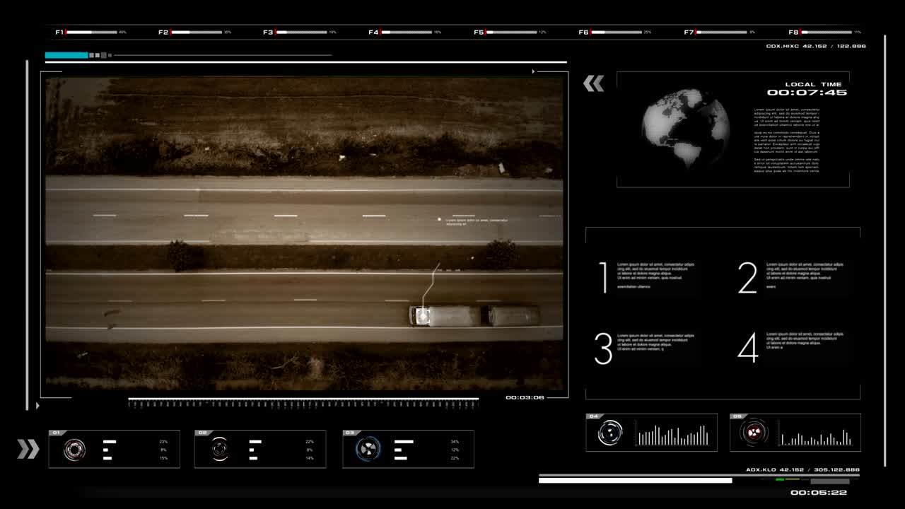 animación de la interfaz de usuario de trandsport hud en fondo oscuro para concepto cibernético futurista con grano procesado