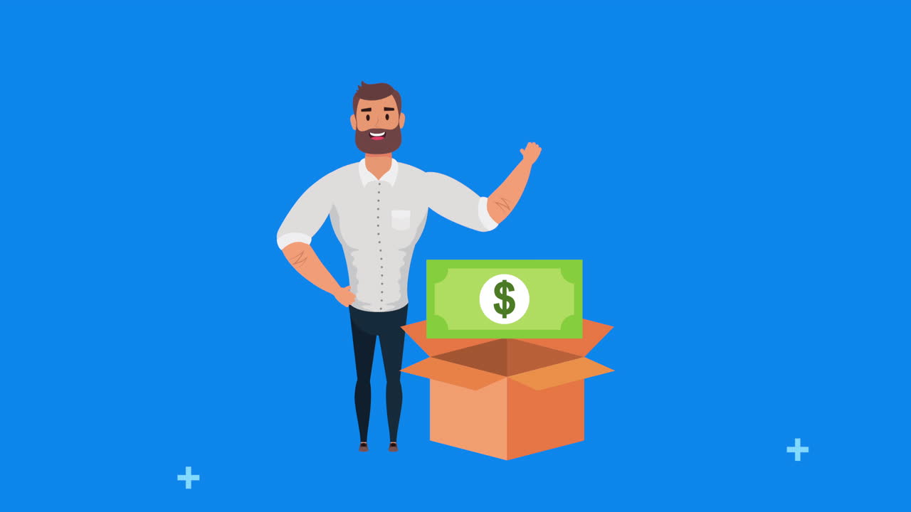young businessman with box carton and bills