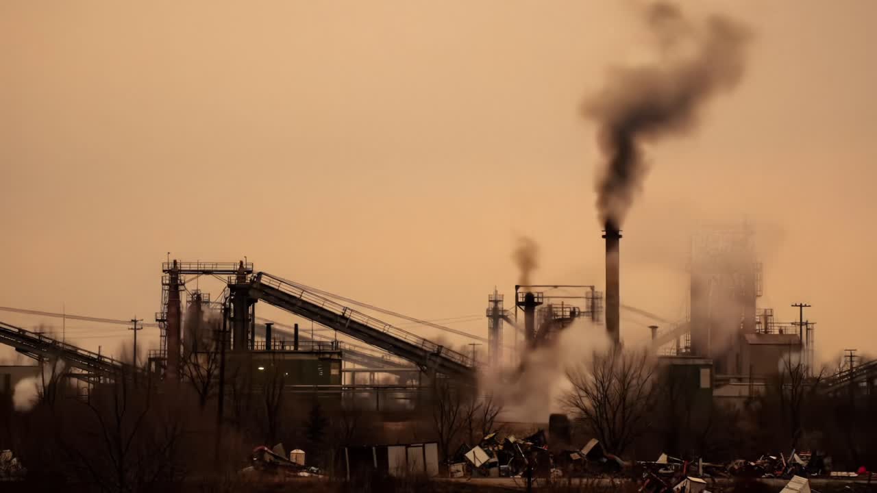 Industrial Landscape with Smokestacks and Pollution in a Dusk Sky: A Representation of Modern Manufacturing and Environmental Impact