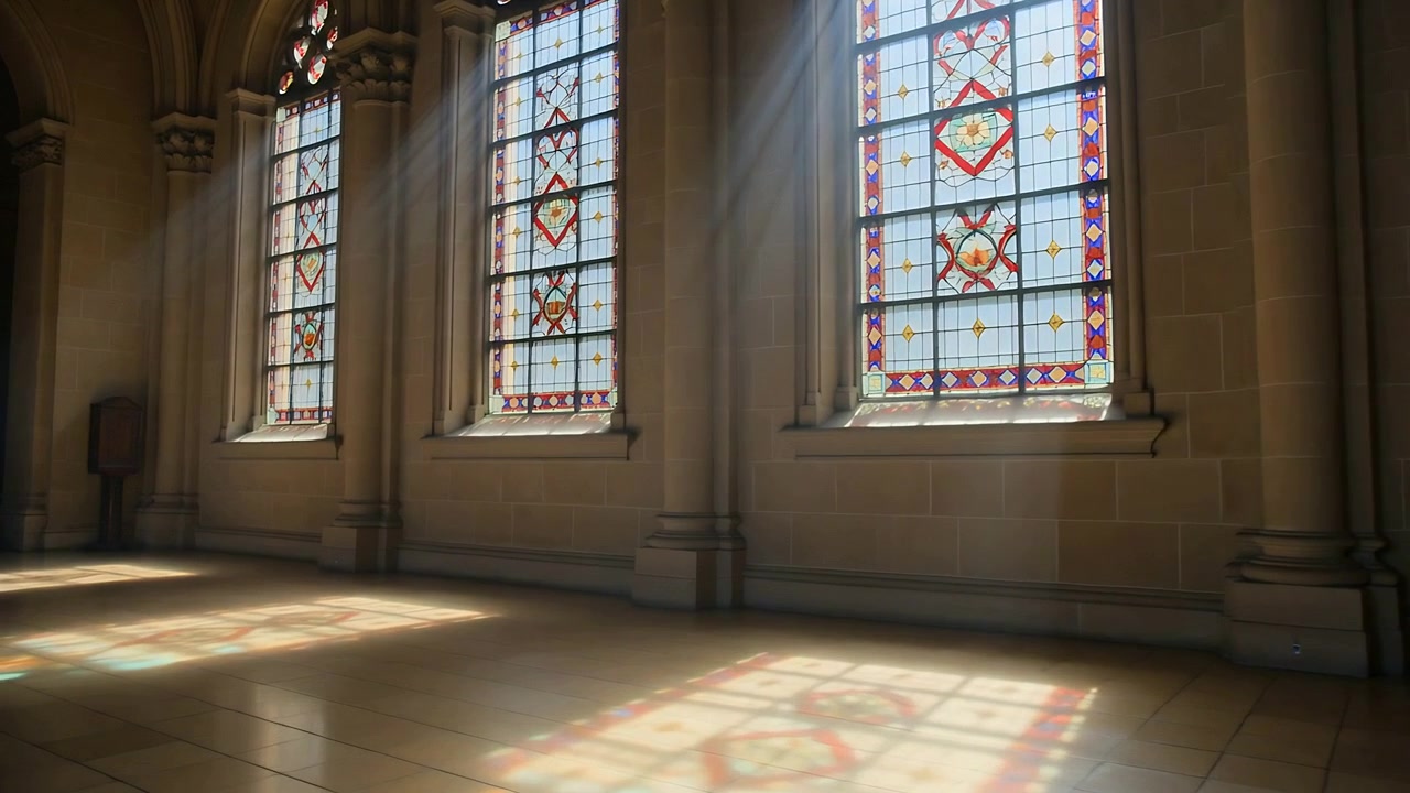 Luce che filtra animando tre vetrate colorate in una sala, proiettando colore sul pavimento mentre il sole si muove.