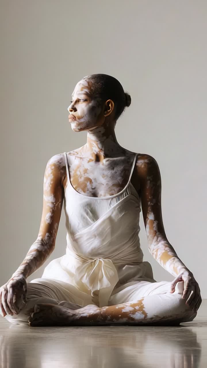 Una figura serena seduta in posizione meditativa, adornata con body painting artistico, che incarna tranquillità ed espressività su uno sfondo minimalista.