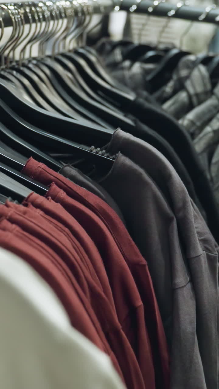 tienda de ropa, capturada con una cámara de mano, mostrando un primer plano de varias prendas en colgadores, incluidas camisas, chaquetas y blusas
