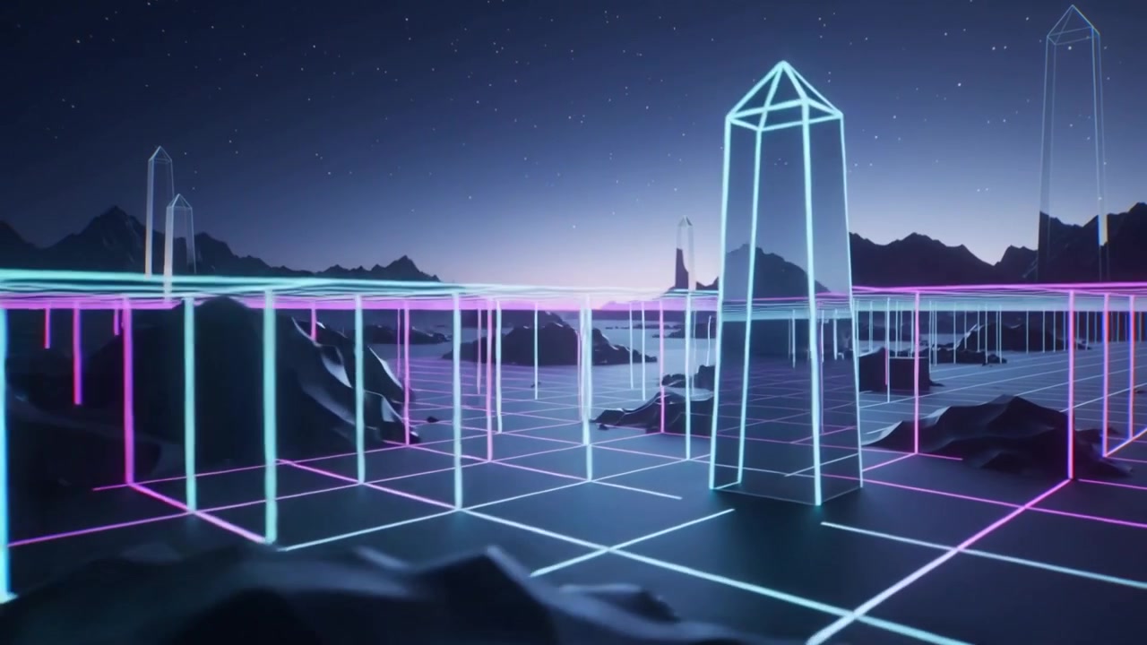 Moving camera showing neon wireframe landscape rising obelisks forming lattice in basin, grid floor