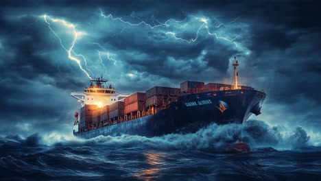 container ship in a powerful storm