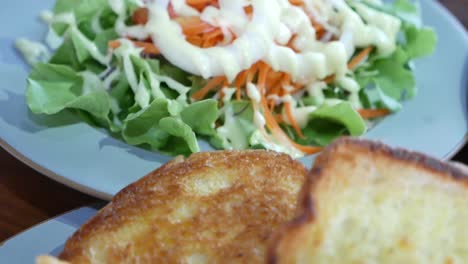 Cerrar-Imágenes-De-Papas-Fritas-Y-Tostadas-Con-Ensalada-Mixta-En-Segundo-Plano.