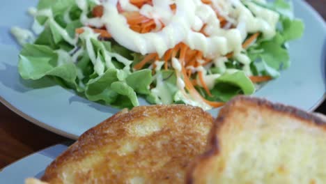 cerrar imágenes de papas fritas y tostadas con ensalada mixta en segundo plano.