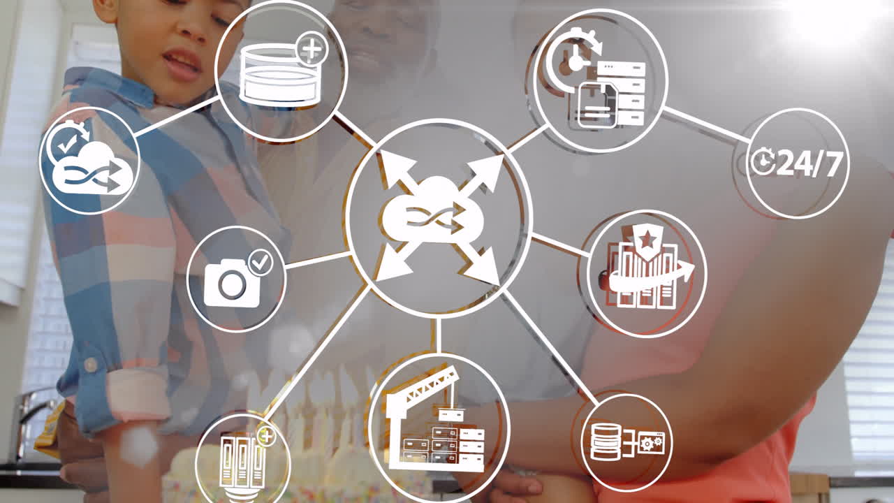 Animation of cloud computing icons over family cooking together in kitchen