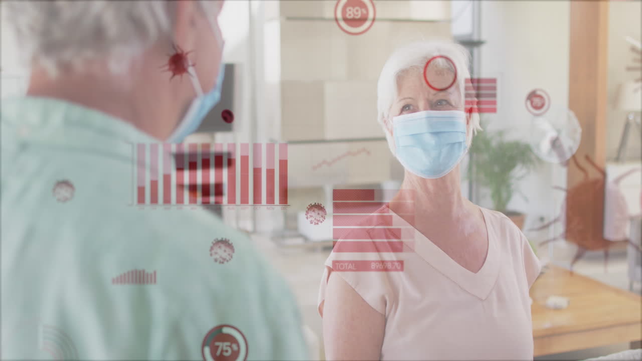 анимация клеток covid-19 и статистика по пожилым мужчинам и женщинам в масках для лица по окну