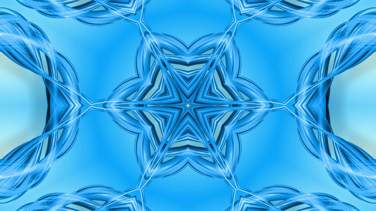 animación en bucle 3d, un fondo abstracto con cintas azules girando y formando estrellas o copos de nieve como con un efecto caleidoscópico. 4k imágenes sin costuras con luma matte como canal alfa. 7