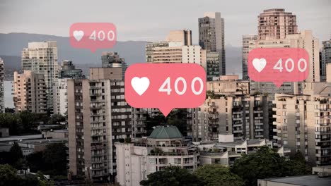 iconos de corazón con números en un fondo de la ciudad 4k