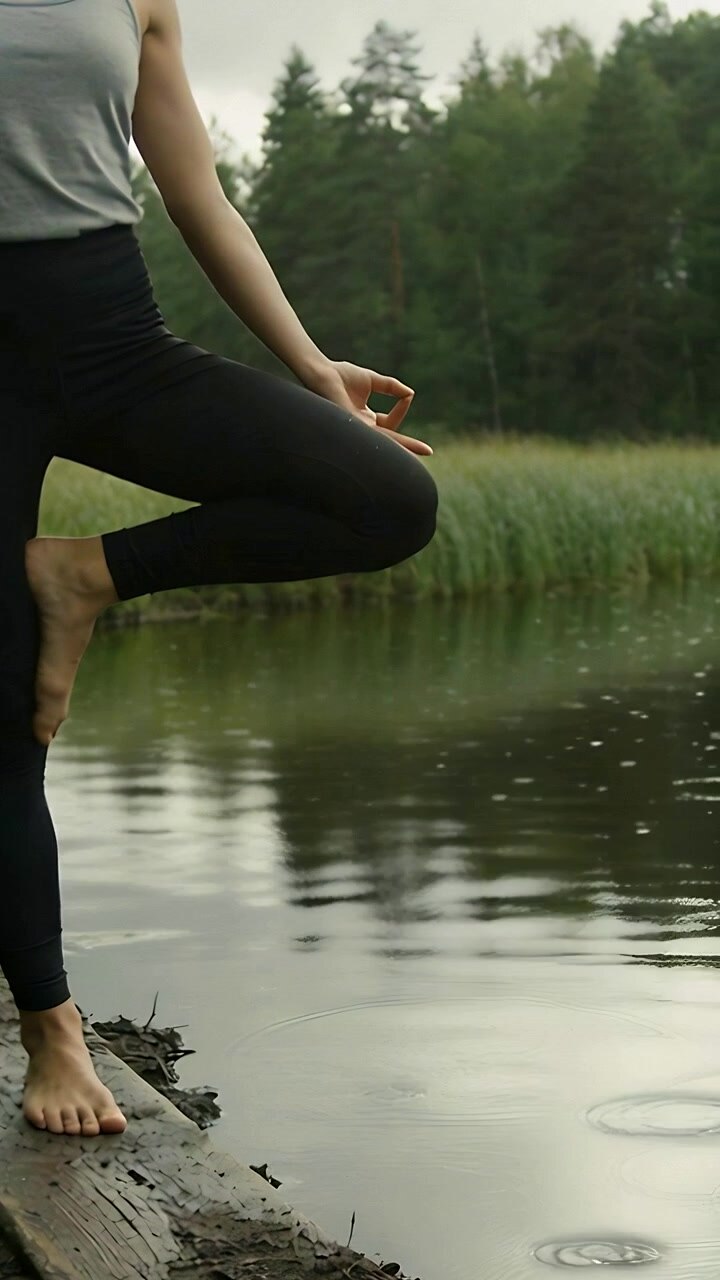 Video verticale: Donna in equilibrio nella posizione dell'albero su un tronco nel lago mentre piove, in abiti da yoga, con spazio per il testo.