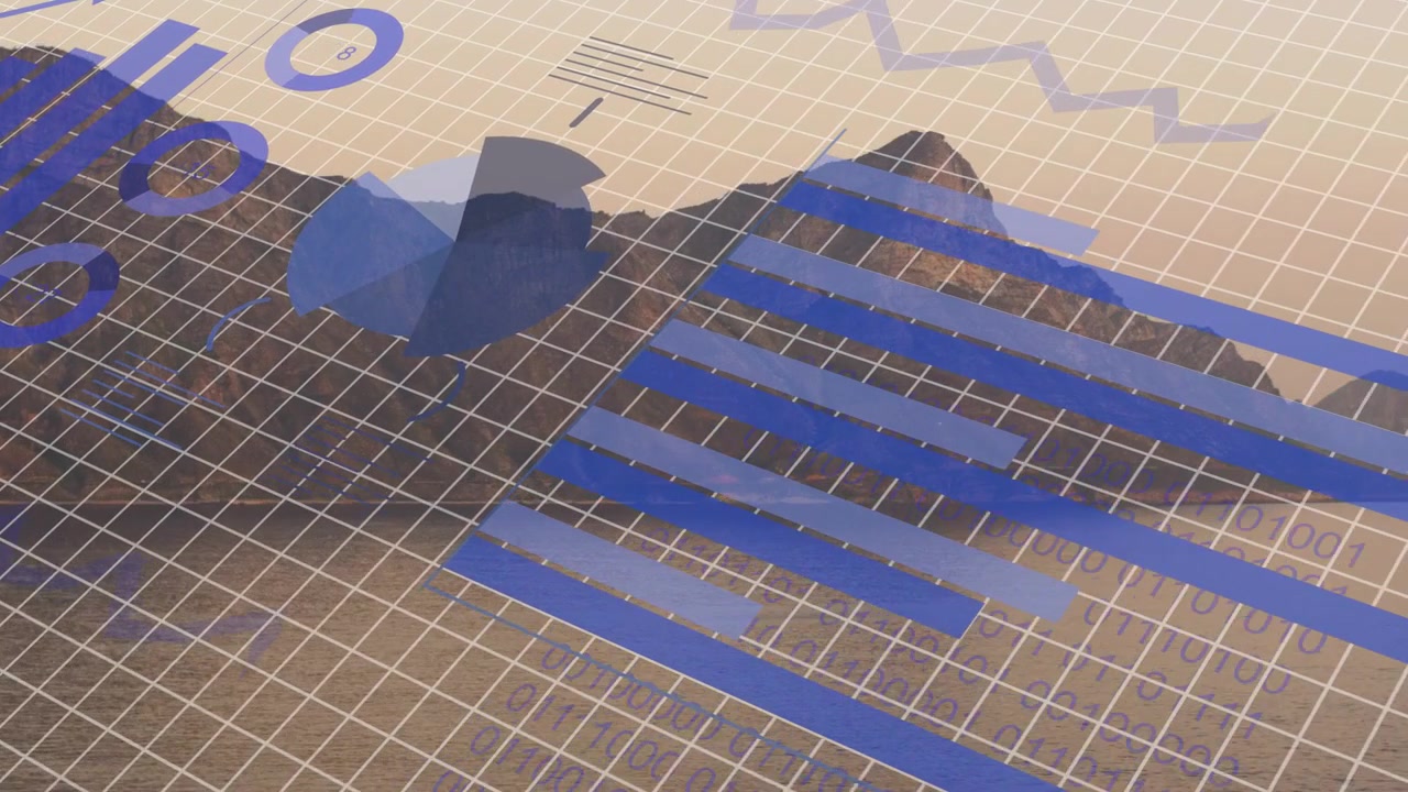 Ved dataopdatering roterer 3D-dashboard med facetterede cirkelringe, falmende søjler strækker sig til højre og viser tendens.