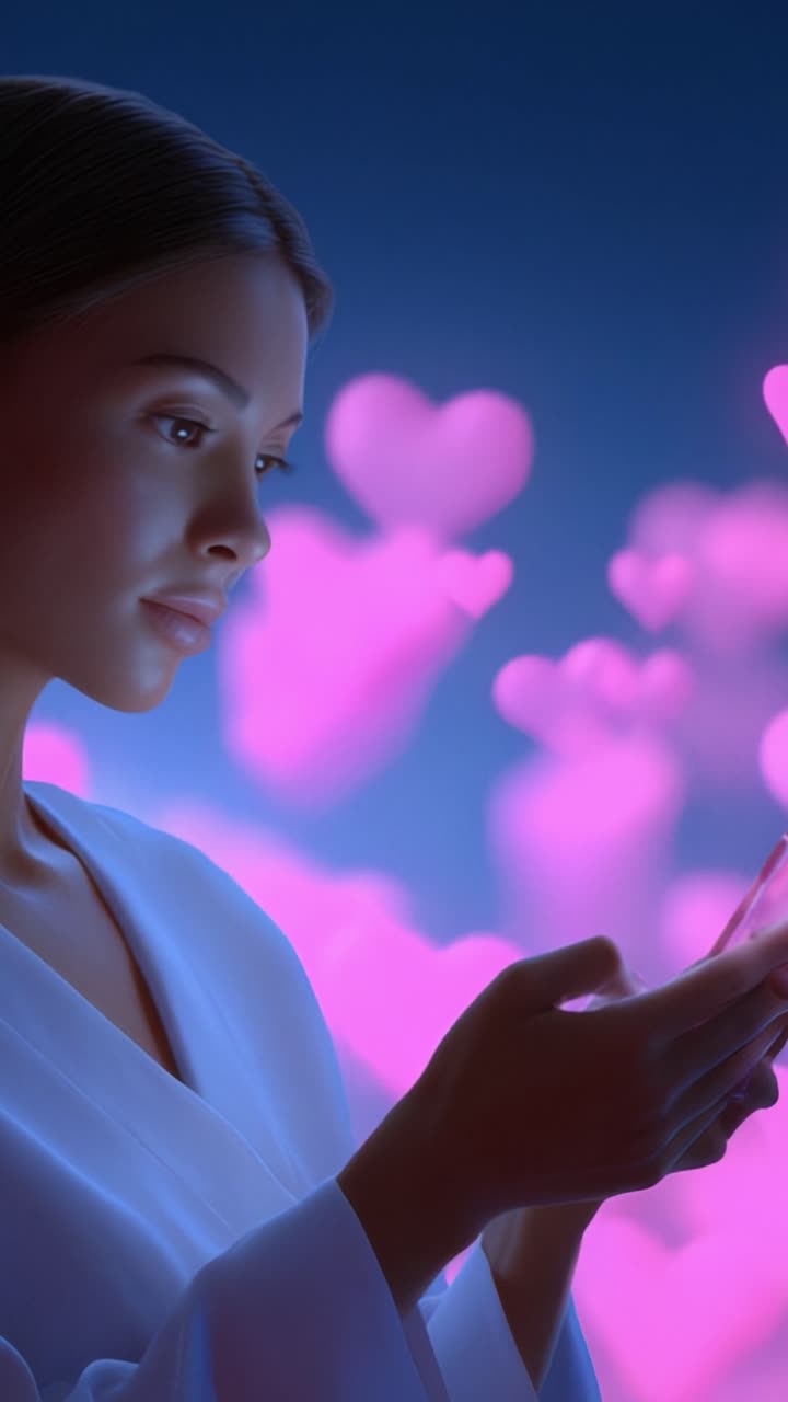 Un momento sereno catturato mentre una donna osserva il suo telefono, circondata da morbide forme a cuore rosa che brillano sullo sfondo, incarnando un senso di amore e connessione.
