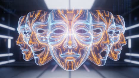 exploring the duality of emotion: a dynamic representation of digital human faces in transition, capturing expression, technology, and artificial intelligence in a futuristic setting