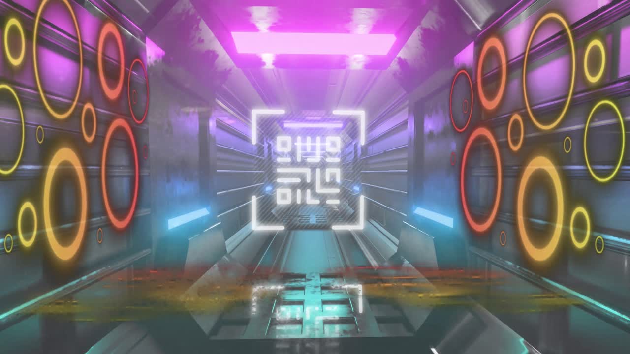 escáner de código qr con elementos de neón contra el túnel brillante