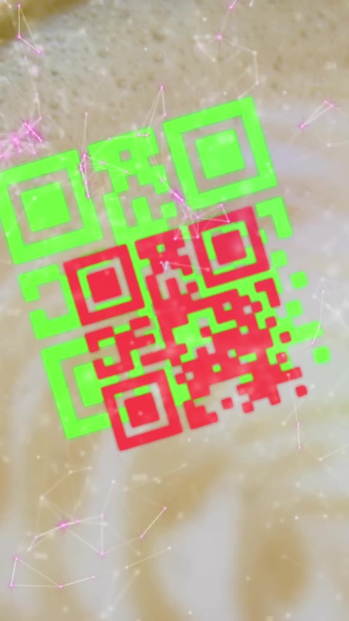 Animation of dots connecting and forming geometric shape, multicolored qr code over froth of coffee